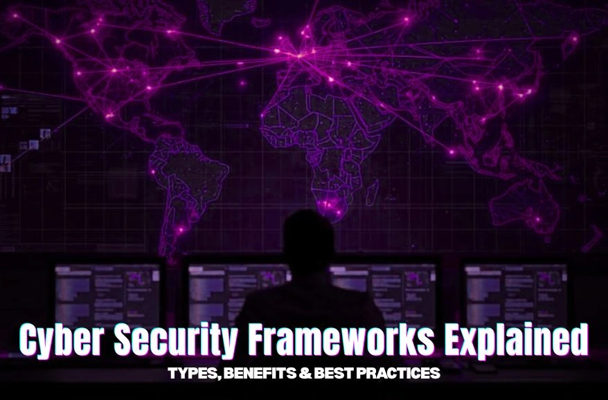 Alt text: Silhouette of a person before a world map of purple digital connections titled "Cyber Security Frameworks Explained."