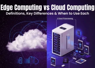 Infographic titled "Edge Computing vs Cloud Computing" comparing a literal cloud with a high-tech server and mobile devices.