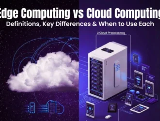 Infographic titled "Edge Computing vs Cloud Computing" comparing a literal cloud with a high-tech server and mobile devices.