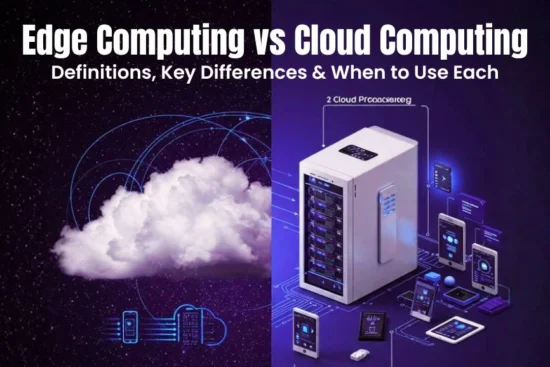 Infographic titled "Edge Computing vs Cloud Computing" comparing a literal cloud with a high-tech server and mobile devices.