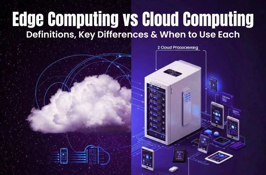 Infographic titled "Edge Computing vs Cloud Computing" comparing a literal cloud with a high-tech server and mobile devices.