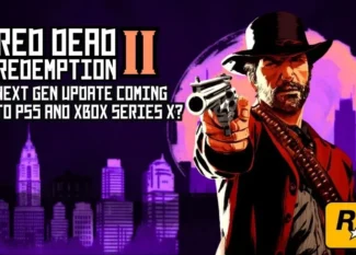 Red Dead Redemption II fan art asking about a PS5/Xbox Series X next-gen update over a purple cityscape background.