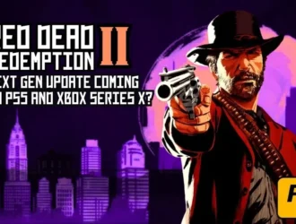Red Dead Redemption II fan art asking about a PS5/Xbox Series X next-gen update over a purple cityscape background.