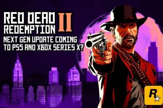 Red Dead Redemption II fan art asking about a PS5/Xbox Series X next-gen update over a purple cityscape background.
