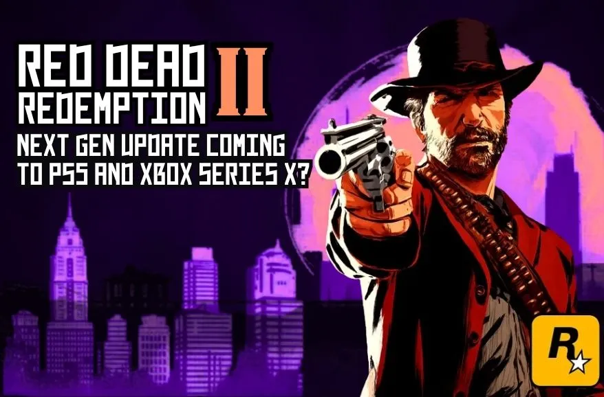 Red Dead Redemption II fan art asking about a PS5/Xbox Series X next-gen update over a purple cityscape background.