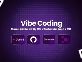 Purple graphic titled "Vibe Coding" featuring logos for Gemini, GitHub, and Cursor against a grid background.