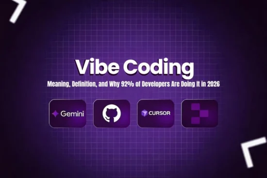 Purple graphic titled "Vibe Coding" featuring logos for Gemini, GitHub, and Cursor against a grid background.