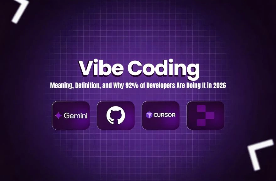Purple graphic titled "Vibe Coding" featuring logos for Gemini, GitHub, and Cursor against a grid background.